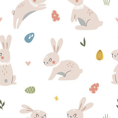 Lovely hand drawn Easter seamless pattern, bunnies, eggs and plants, great for banners, wallpapers, packaging, textile - vector image
