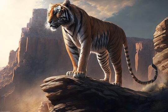 Tiger Standing On Mountain Created Using AI Generative Technology