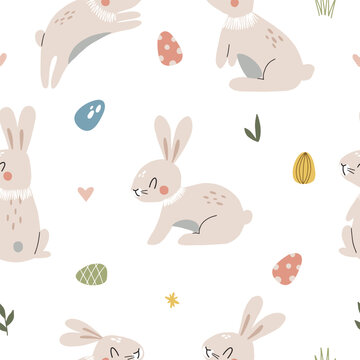 Lovely hand drawn Easter seamless pattern, bunnies, eggs and plants, great for banners, wallpapers, packaging, textile - vector image