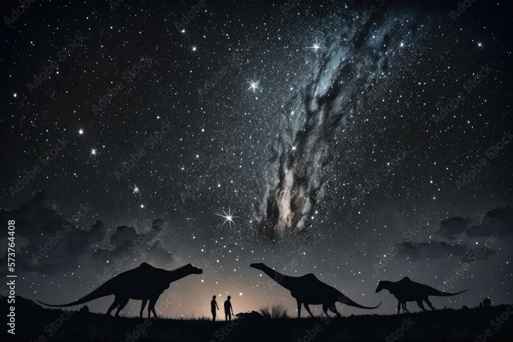 Poster this image depicts brontosaurs gazing at the meteor shower that preceded the greater asteroid crash 