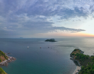 aerial panorama photography colorful sky in twilight above Promthep cape viewpoint . .Promthep cape is the most popular and famous viewpoint in Phuket island. .Scene of Colorful light in the sky