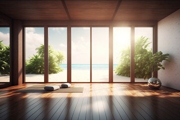 Fototapeta na wymiar Clean and calm yoga studio with beautiful nature view. Interior design. Generative AI