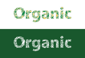 Organic natural product lettering with green leaves