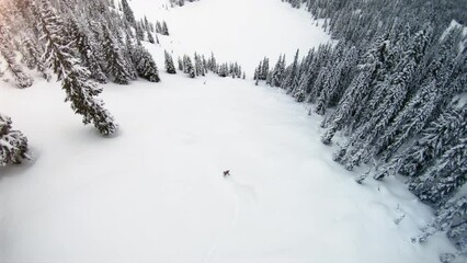 Drone Follows Snowboarder Carving Untouched Backcountry Powder Snow