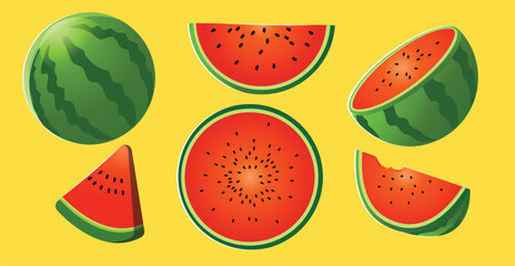 Vector set of watermelons on a yellow background.