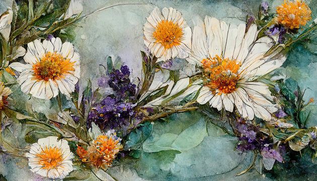 Watercolor floral frame, border, wreath. Daisy flower, calendula, lavender, eucalyptus branches and leaves. Generative Ai