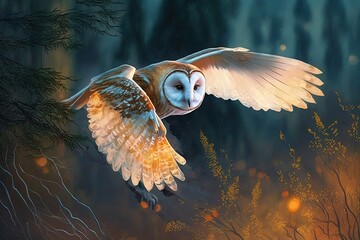The barn owl took to the skies. Wild forest scene with animals. the tyto alba, a little bird that can fly. Generative AI