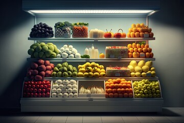 Vibrant produce on display in a modern supermarket. Fresh fruits and vegetables in shelf. Generative AI