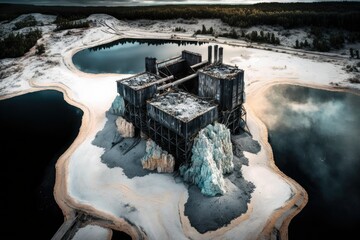 Polish mine for coal. Mine janina in Libiaz. In Poland, an industrial abstract sedimentation tank. Industrial lake Aerial drone photo view. Generative AI