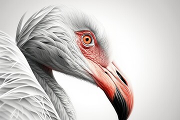 Fototapeta premium The greater flamingo, or Phoenicopterus roseus, is a species of bird. Focus on the one bird preening its feathers while the others look on. Image focusing in on the head and neck area. Generative AI