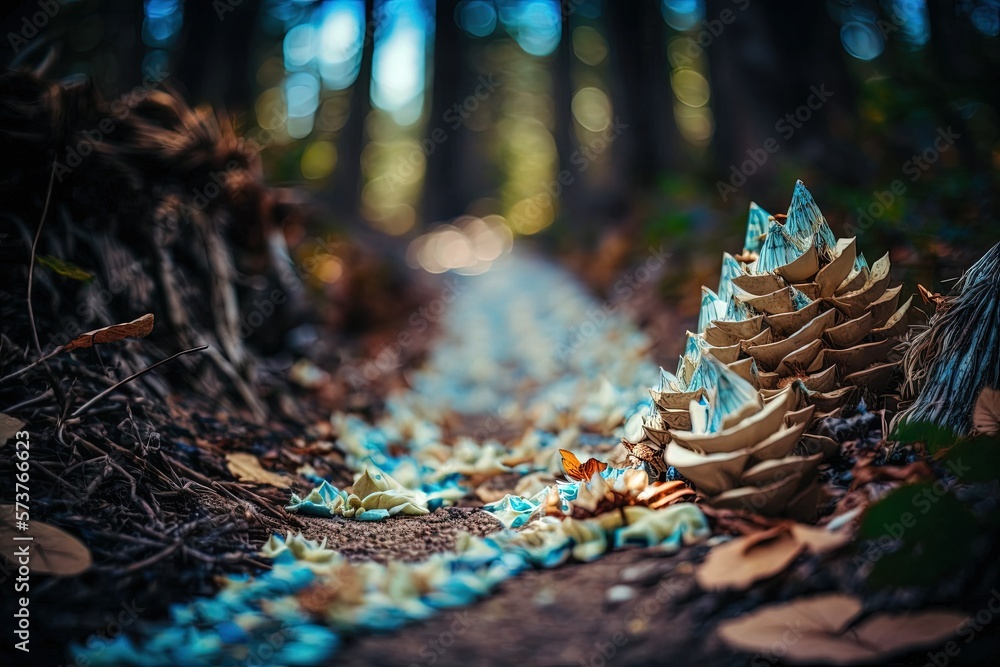 Poster close up of a trail through the forest, complete with cones and roots. to look up at a natural scene