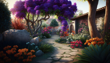 panorama magical garden landscape with flowers and colorful trees generative ai illustration