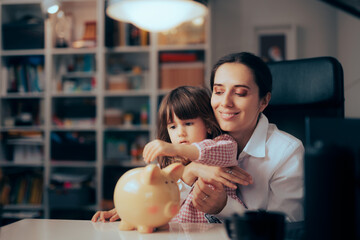 Mother Teaching Daughter About Saving Money and Financial Education. Mom and her little girl...