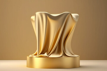 Golden Luxurious Fabric Or Cloth Placed On Top Pedestal Or Blank Podium Shelf On Gold Background With Luxury Concept. Museum Or Gallery Backdrops For Product. 3D Illustration Rendering