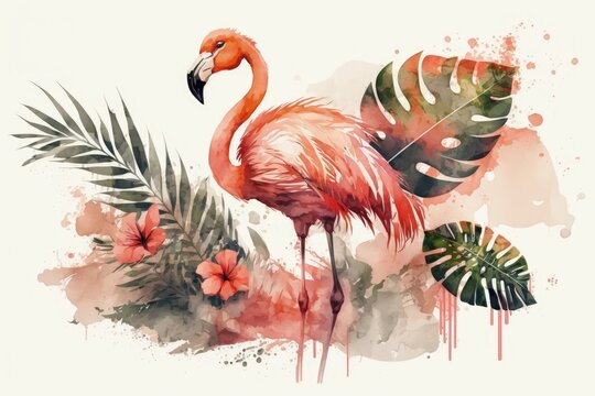 watercolor of a flamingo, a hibiscus, and some palm leaves. Generative AI © 2ragon
