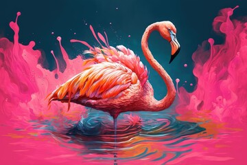 On a pink background, a pink flamingo floats around in the water. Generative AI