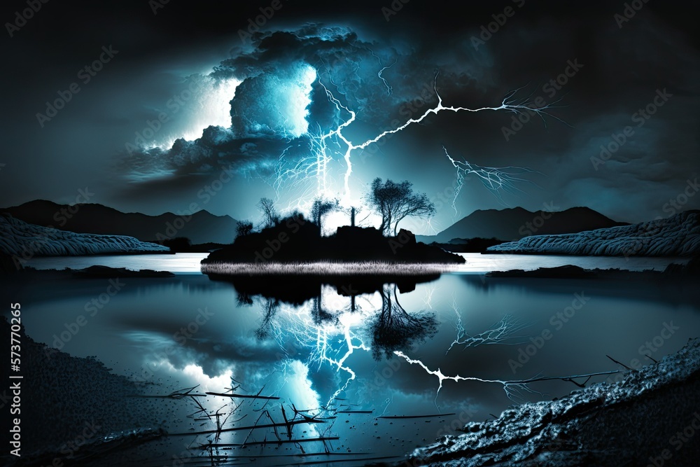 Poster thunderstorm and lightning in the wilderness create a dramatic backdrop. thunderstorm over a dark ni