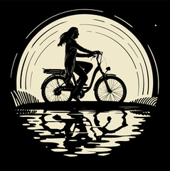 A young happy girl on an electric bike rides at night past a pond with reflection. Vector illustration, silhouette of a woman on the background of a large moon, a walk in the fresh air. EPS 10.