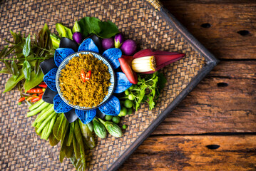 Lemon grass paste chilli sauce, Chili paste served with fresh vegetables Thai food, South east asia style healthy.