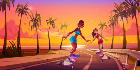 Young sexy woman on skateboard riding along the palm road at sunset. Cartoon tropical summer vector landscape background for design travel illustration. Female together enjoying speed skateboarding. © klyaksun