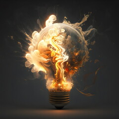 ideas as exploding lightbulb on fire, isolated on dark background, made with generative ai