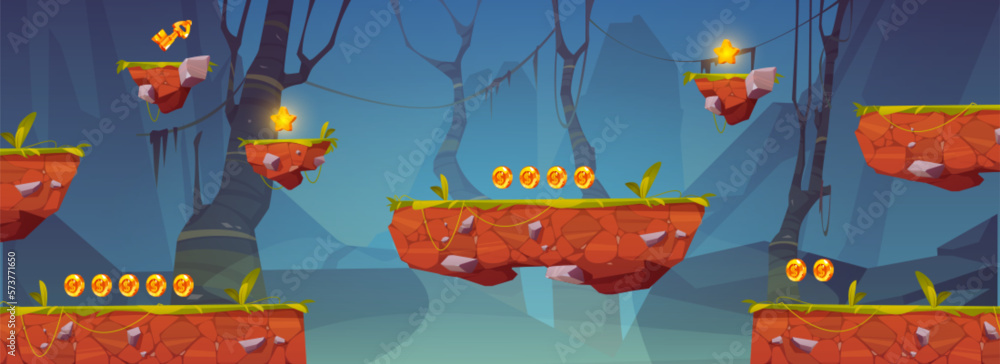 Poster cartoon 2d vector isolated floating platform asset for game. forest background scene for ui animatio