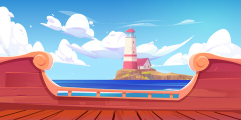 Sea landscape with lighthouse on island, ship deck view. Cartoon vector background, illustration with house on rocky coast in calm ocean. Beacon and building on harbor. Beautiful seascape at sunny day