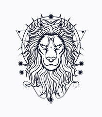Lion head tattoo vector illustration with ornament background