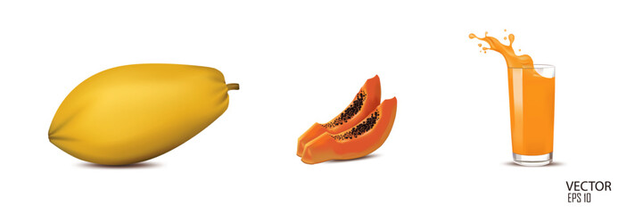 vector illustration papaya and two slice of papaya and papaya juice glass design template.