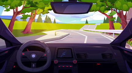 Car drive on road inside view. Vehicle interior with steering wheel, dashboard, gps navigator and windscreen with view of summer countryside landscape, vector cartoon illustration