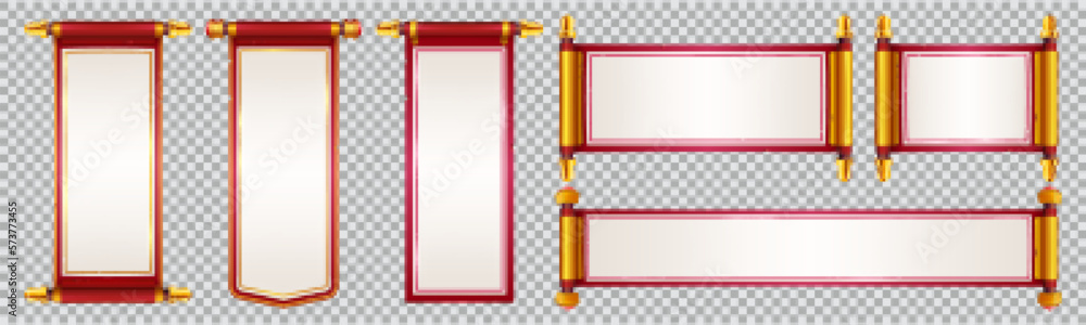 Poster chinese paper scroll vector banner set. red and gold japanese dialogue frame for interface game. bla