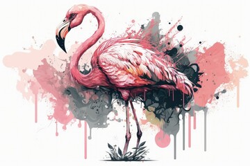 Illustration of a pink flamingo, a symbol of summer and the tropics. postcard, sketch for a potential design. Generative AI