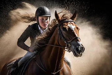 Foto op Plexiglas Female rider on beautiful horse running gallop, Generative AI © Adriana