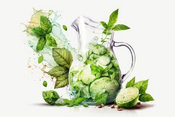 White background with a jug of fresh mojitos. Generative AI