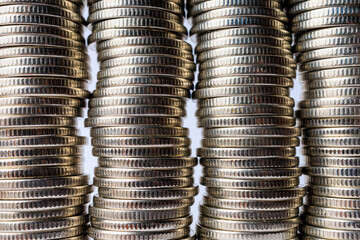 Background of stacks of coins. Business backdrop. Textured surface close up