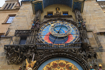 Prague astronomical clock close-up. The main attraction of the capital of the Czech Republic. Background