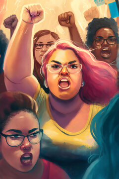 stylized illustration of female protesters led by curvy woman, made with generative ai