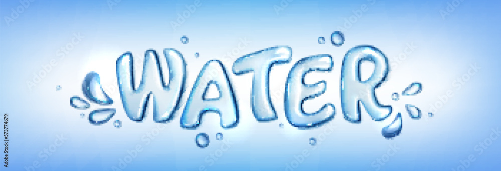 Poster realistic water text with splash in vector. 3d bubble font with aqua droplet top view. fresh liquid 