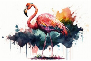 A Flamingo Painted in Watercolor. Generative AI
