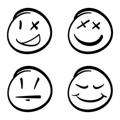 Doodle set emoticons. emoji character with various Emotions, smile, anggry sad, funny face. isolated on white background. vector illustration