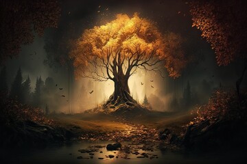 Fototapeta premium a gloomy autumn forest in a fantasy world. Generative AI