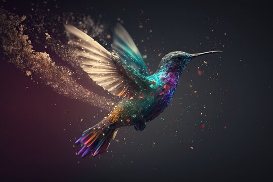 Hummingbirds have a black background with lights around them.