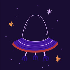 Alien ship on the background of the starry sky vector illustration. Funny UFO in flat style. Ideal for stickers