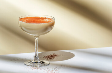 Brandy alexander alcoholic cocktail drink with cognac, cocoa liquor, cream, nutmeg and ice. Light beige background, hard light, shadow pattern