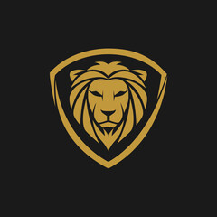Flat Logo Design of Gold Lion Head with Shield Concept vector illustration.