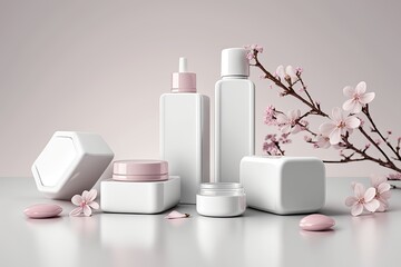 Cosmetic products in white bottles of spring.