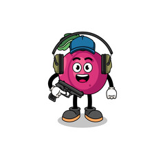 Character mascot of plum fruit doing shooting range