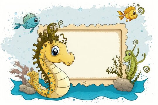 A seahorse and some ants decorate a kid friendly card frame in this cartoon. Cartoon post card. Generative AI