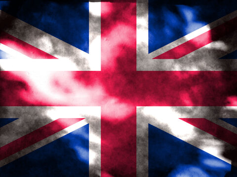 Double exposure of creepy Union Jack flag. Basemap or background use. British flag double exposure creative hologram.