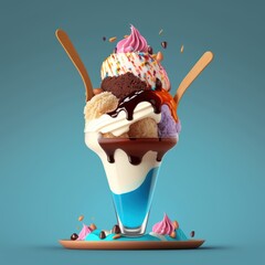 Delicioso e belo sundae sorvete gelado sobremesa, Delicious ice cream sundae with flake, GENERATIVE AI - obrazy, fototapety, plakaty